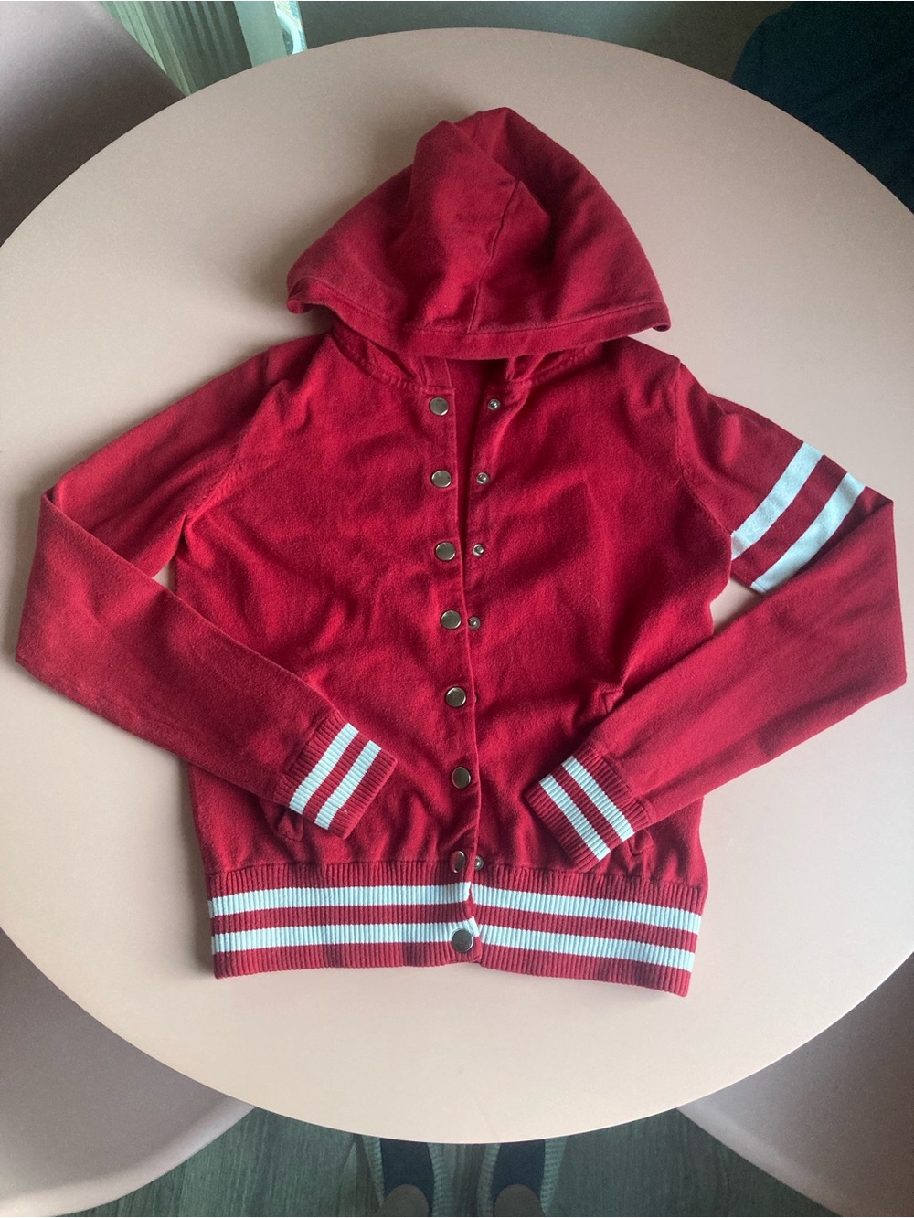 Forever 21 Red Hooded Snap-Front Kids Jacket with Striped Trim
